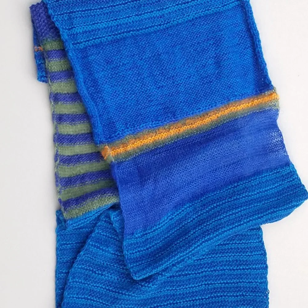 Hand Knit Striped Infinity Scarf, Cobalt Blue/Olive Multi